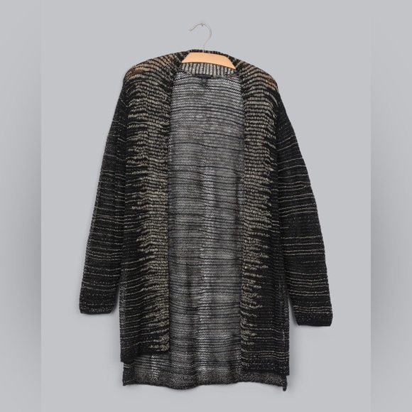 EILEEN FISHER NWOT Washable Wool Linen Blurred Stripes Straight Cardigan - Picture 2 of 8